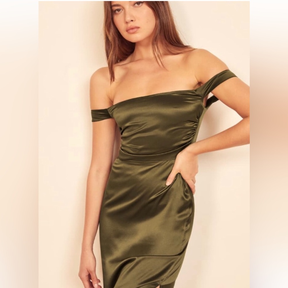 Reformation Olive Green Off-Shoulder Satin Maxi Dress